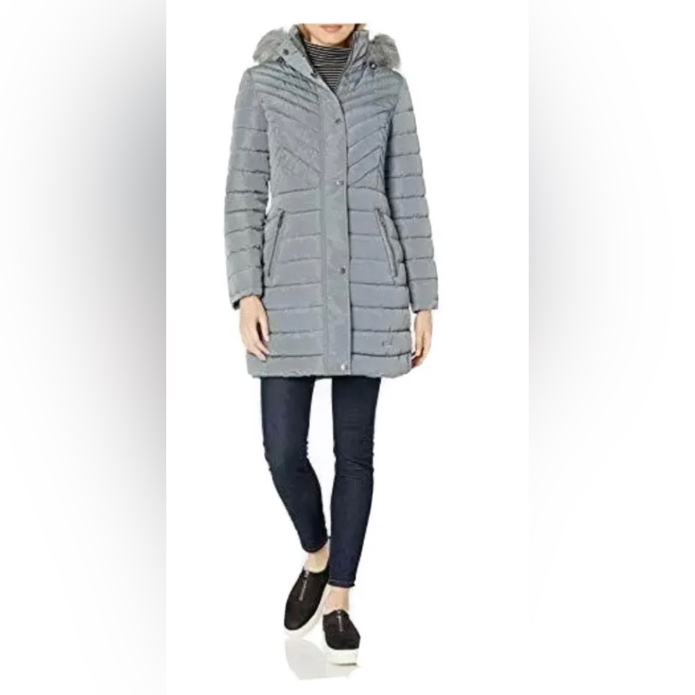 NEW Kenneth Cole New York Women's GrayQuilted Puffer Faux Fur Hood Size L